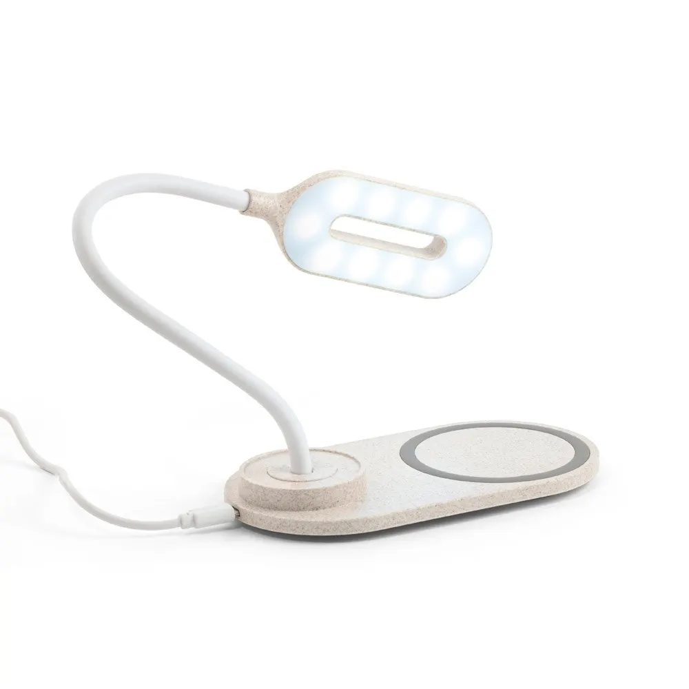 Luminária de mesa com carregador wireless super-rápido (15W) em ABS e fibra de palha de trigo