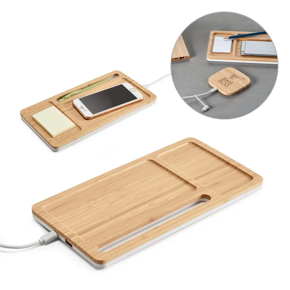 Organizador de secretária (mesa) em bambu e ABS com carregador wireless super-rápido 15W