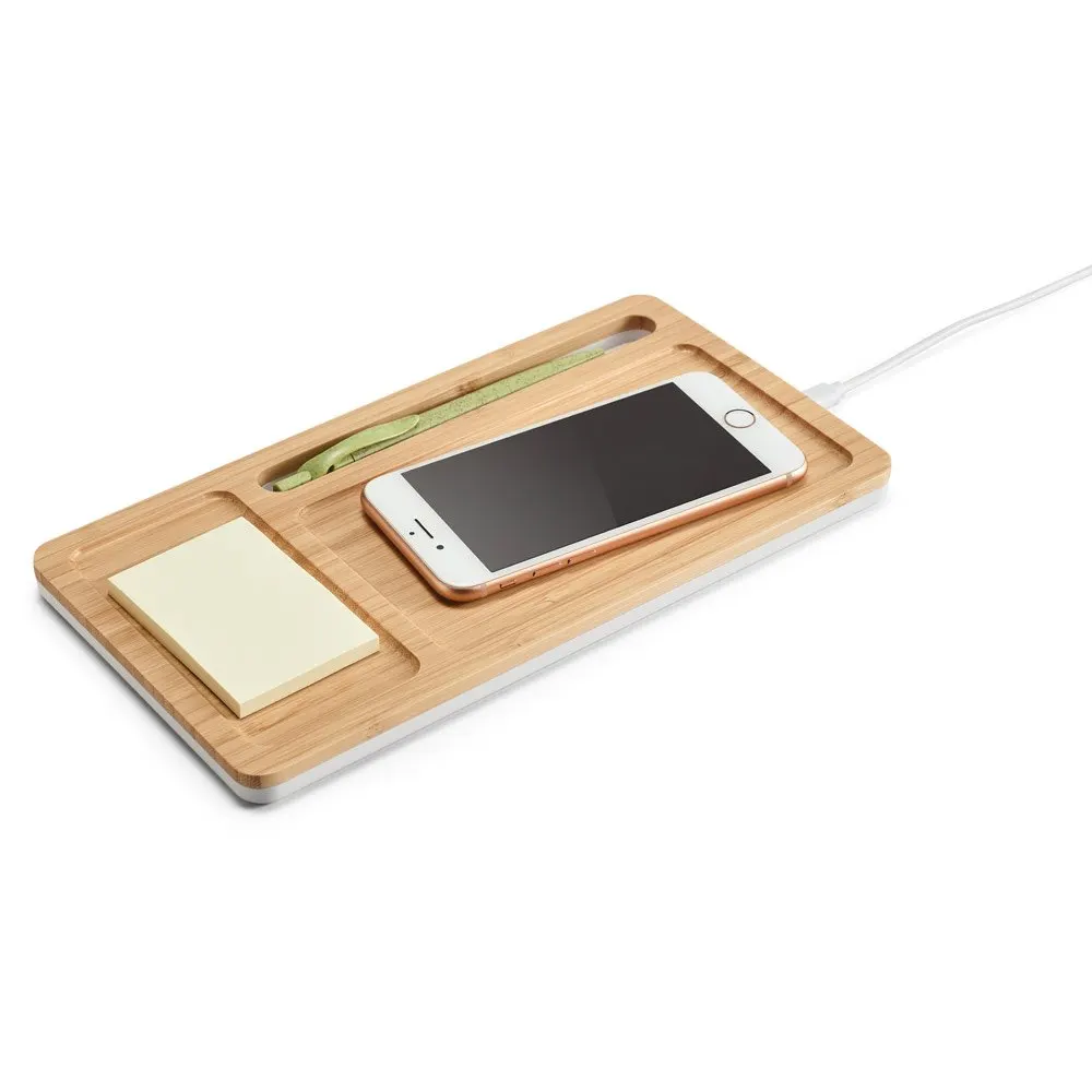 Organizador de secretária (mesa) em bambu e ABS com carregador wireless super-rápido 15W