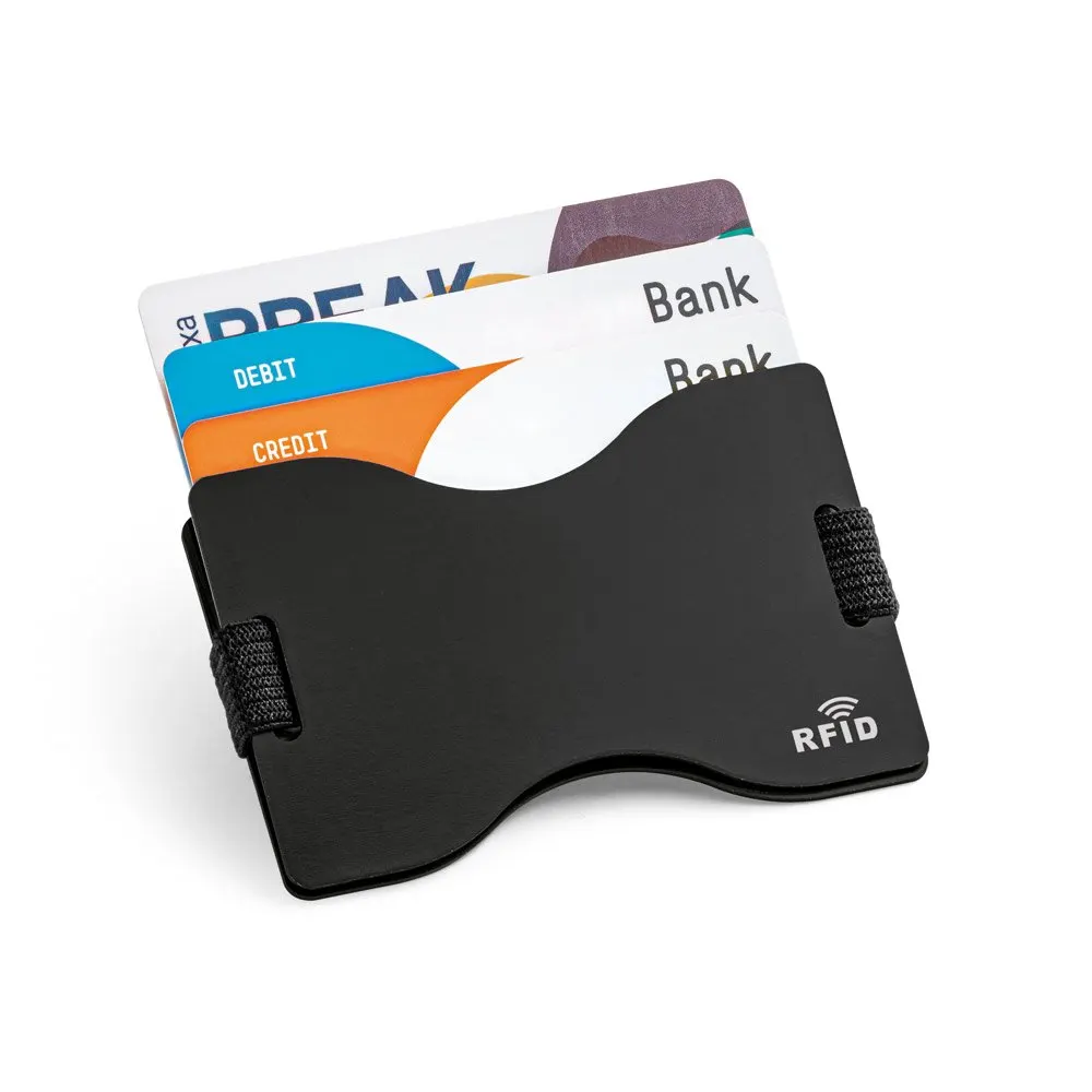 Porta cartões com bloqueio RFID e fita elástica em poliéster