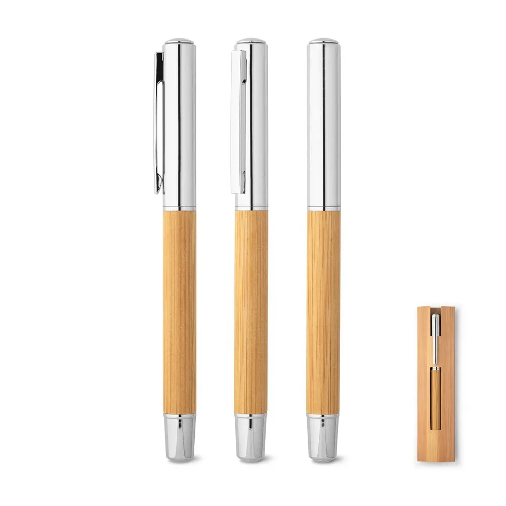 Roller em aço inox 90% reciclado e bambu com tampa e escrita em azul