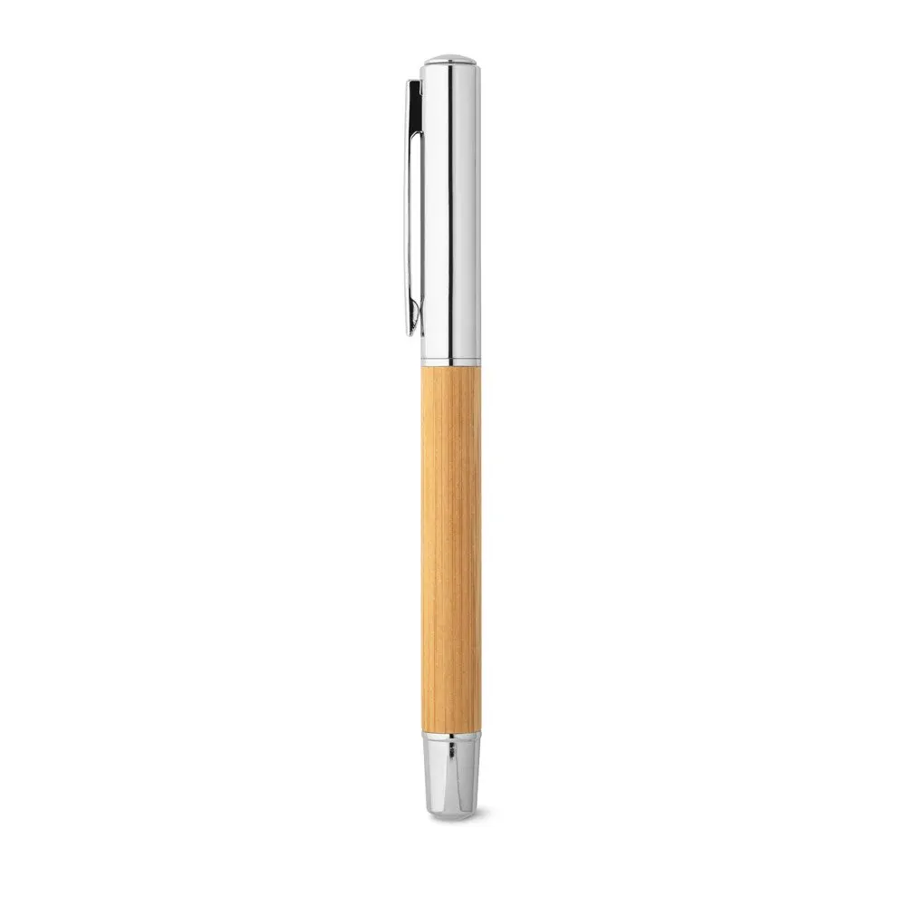 Roller em aço inox 90% reciclado e bambu com tampa e escrita em azul