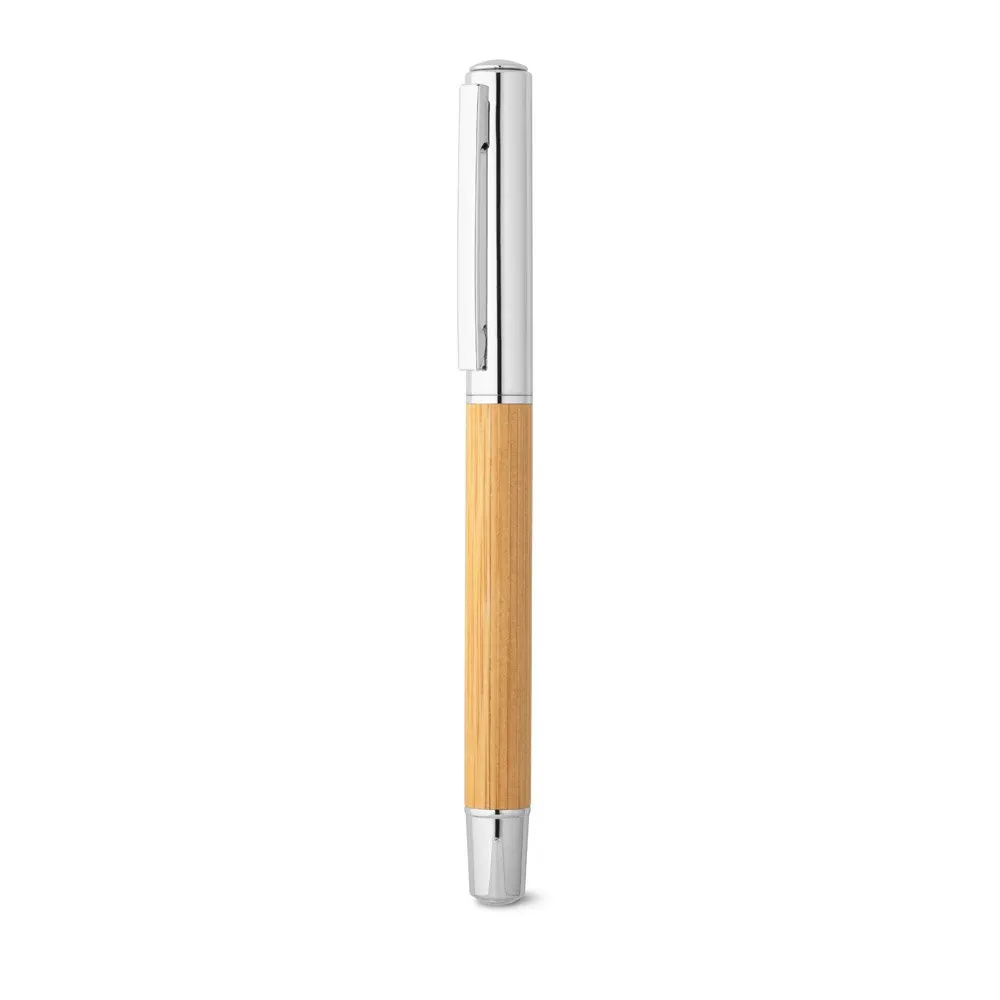 Roller em aço inox 90% reciclado e bambu com tampa e escrita em azul