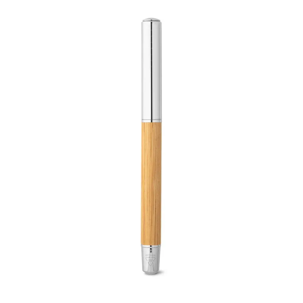 Roller em aço inox 90% reciclado e bambu com tampa e escrita em azul