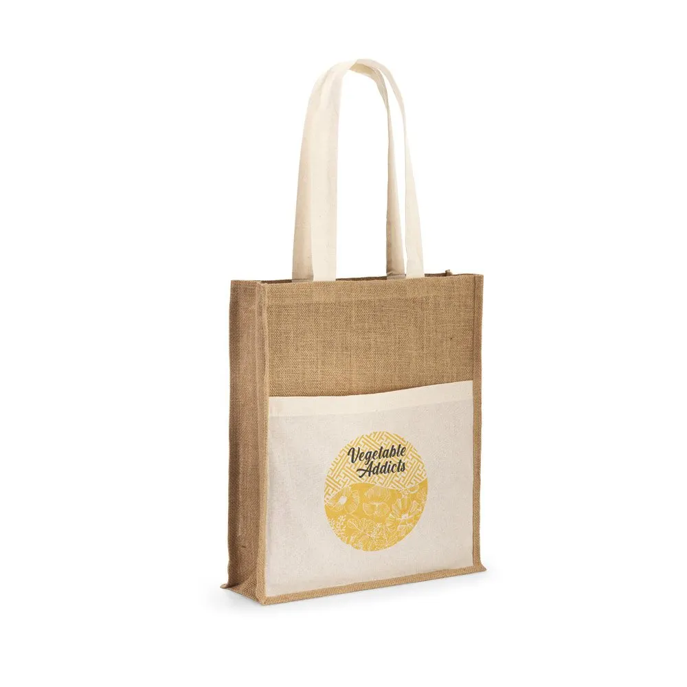 Sacola em juta (240 g/m²) e bolso em 100% algodão (140 gm²)