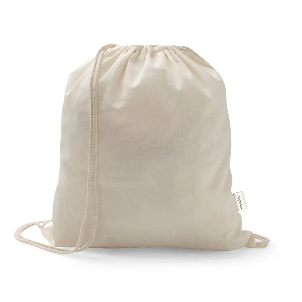 Sacola tipo mochila em 70% algodão reciclado e 30% poliéster reciclado (140 g/m²) sem tingimento