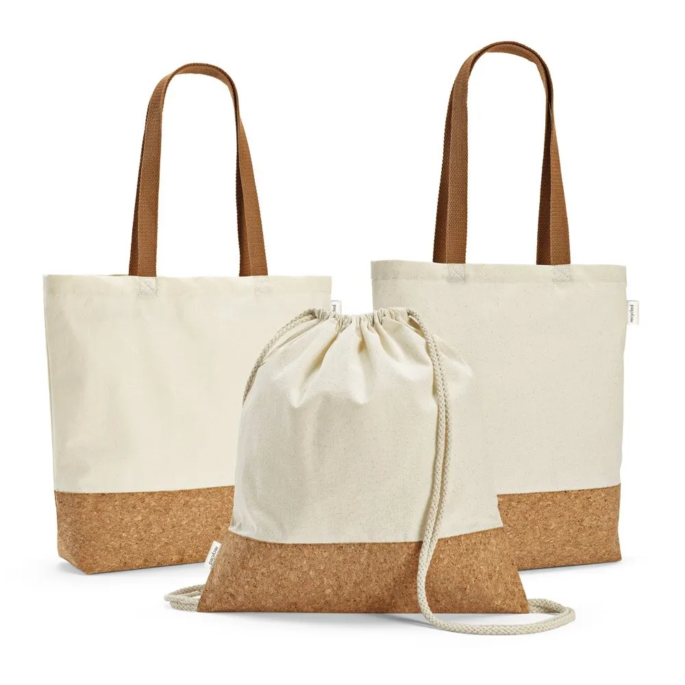 Sacola tipo mochila em 70% algodão reciclado e 30% poliéster reciclado (180g/m²) com base em cortiça