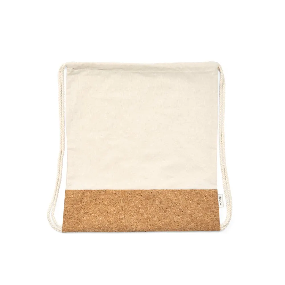 Sacola tipo mochila em 70% algodão reciclado e 30% poliéster reciclado (180g/m²) com base em cortiça