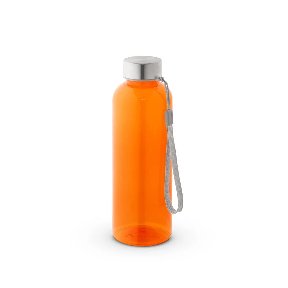 Squeeze em PET 100% reciclado e tampa em aço inox, com pega em corda 580 mL
