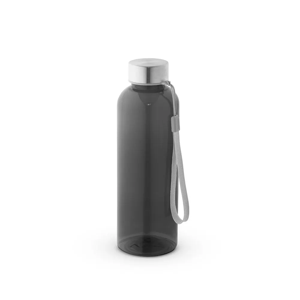 Squeeze em PET 100% reciclado e tampa em aço inox, com pega em corda 580 mL
