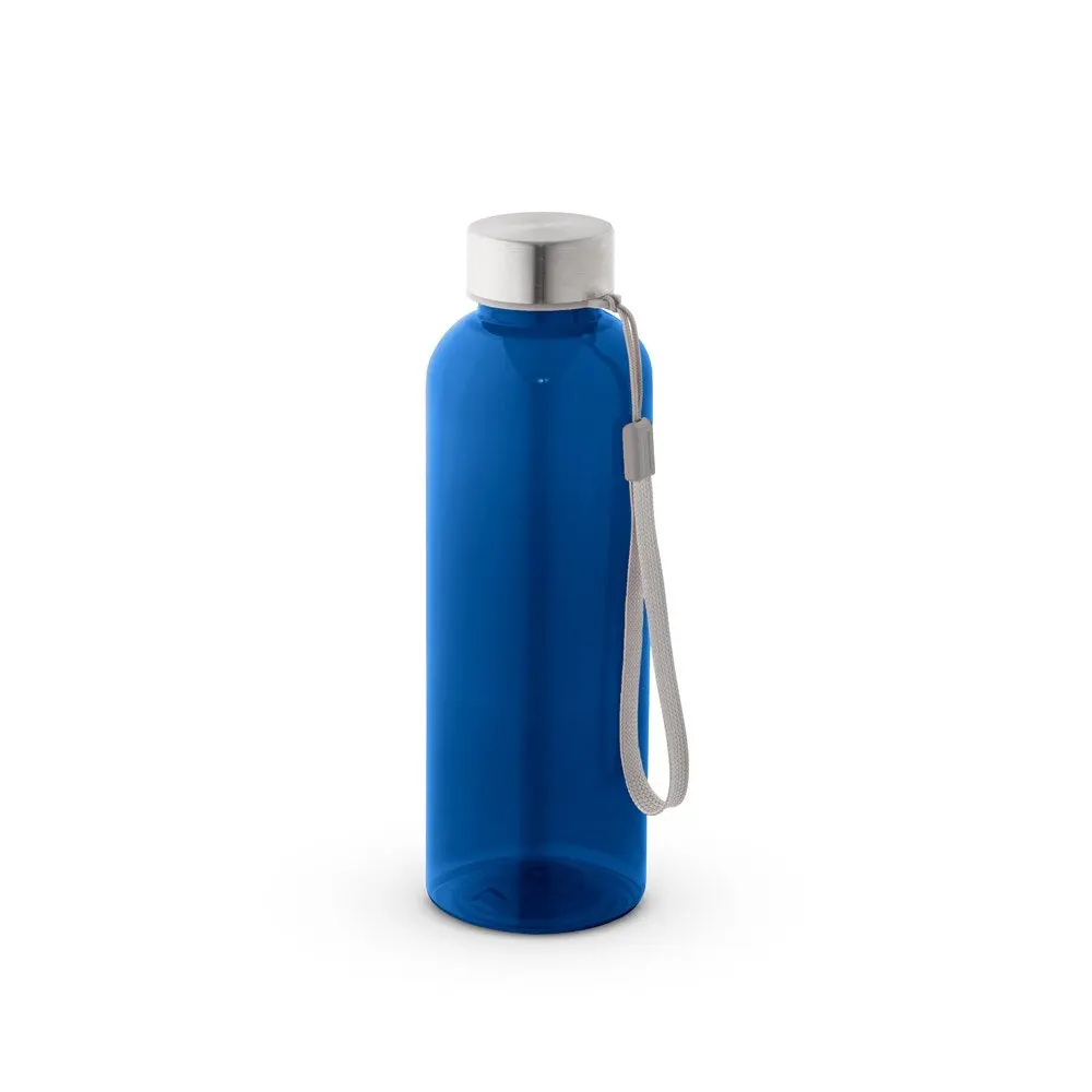 Squeeze em PET 100% reciclado e tampa em aço inox, com pega em corda 580 mL