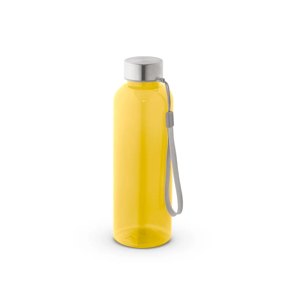 Squeeze em PET 100% reciclado e tampa em aço inox, com pega em corda 580 mL