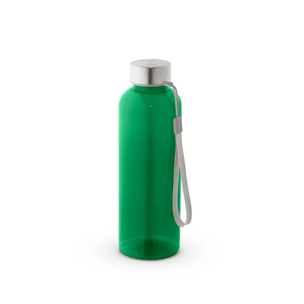 Squeeze em PET 100% reciclado e tampa em aço inox, com pega em corda 580 mL