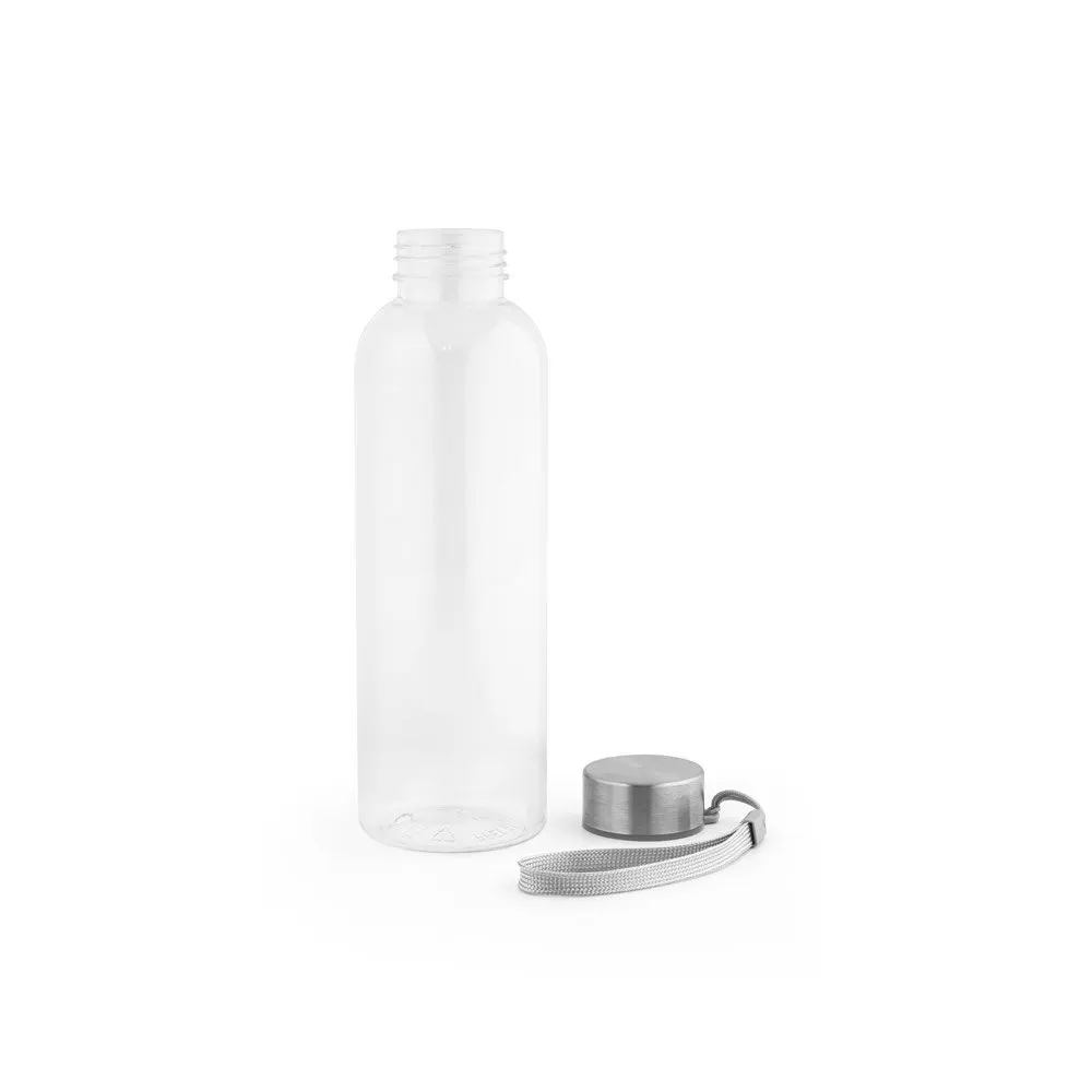 Squeeze em PET 100% reciclado e tampa em aço inox, com pega em corda 580 mL
