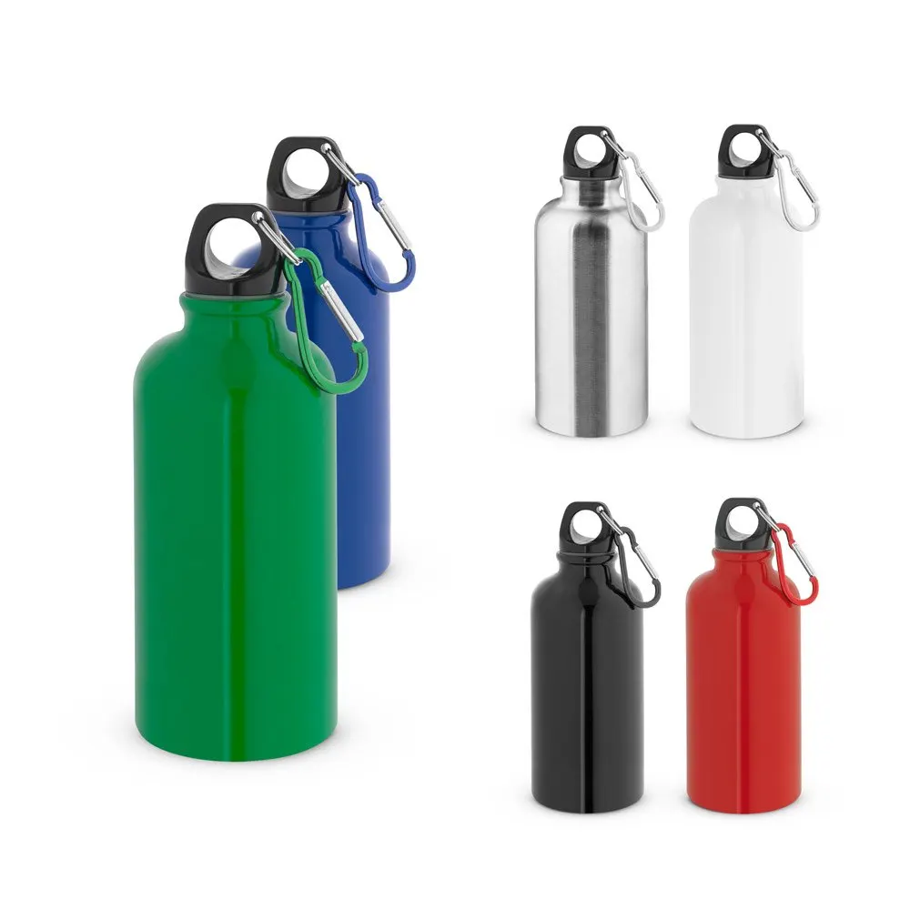 Squeeze esportiva em aço inox, de parede simples e acabamento brilhante com mosquetão 560 mL