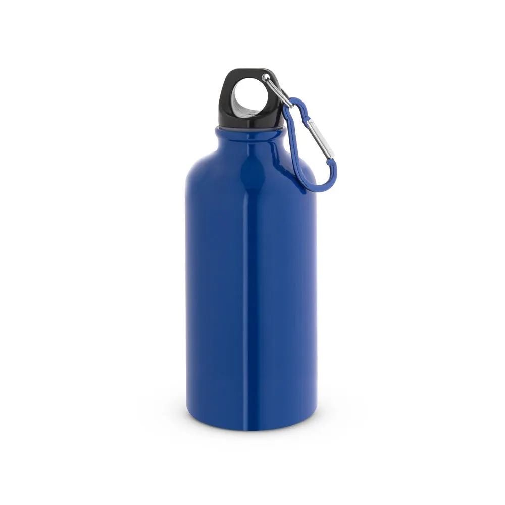 Squeeze esportiva em aço inox, de parede simples e acabamento brilhante com mosquetão 560 mL