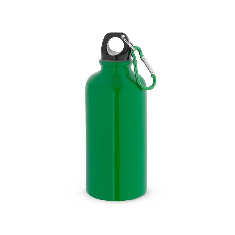 Squeeze esportiva em aço inox, de parede simples e acabamento brilhante com mosquetão 560 mL