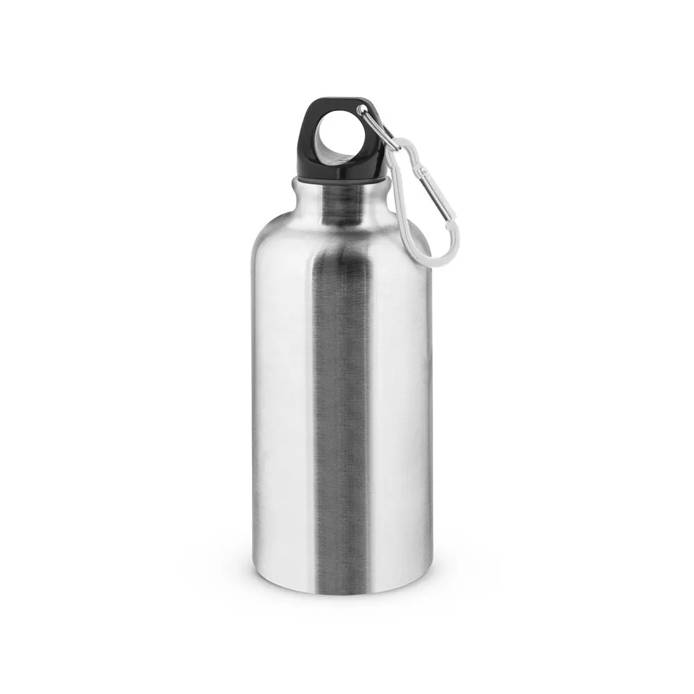Squeeze esportiva em aço inox, de parede simples e acabamento brilhante com mosquetão 560 mL