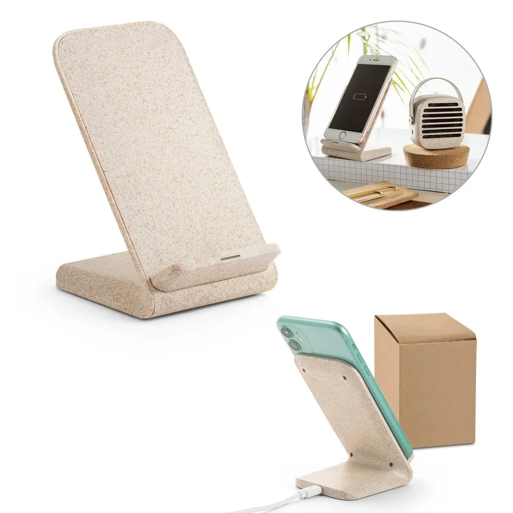 Suporte para celular com carregador wireless super-rápido em fibra de palha de trigo e ABS