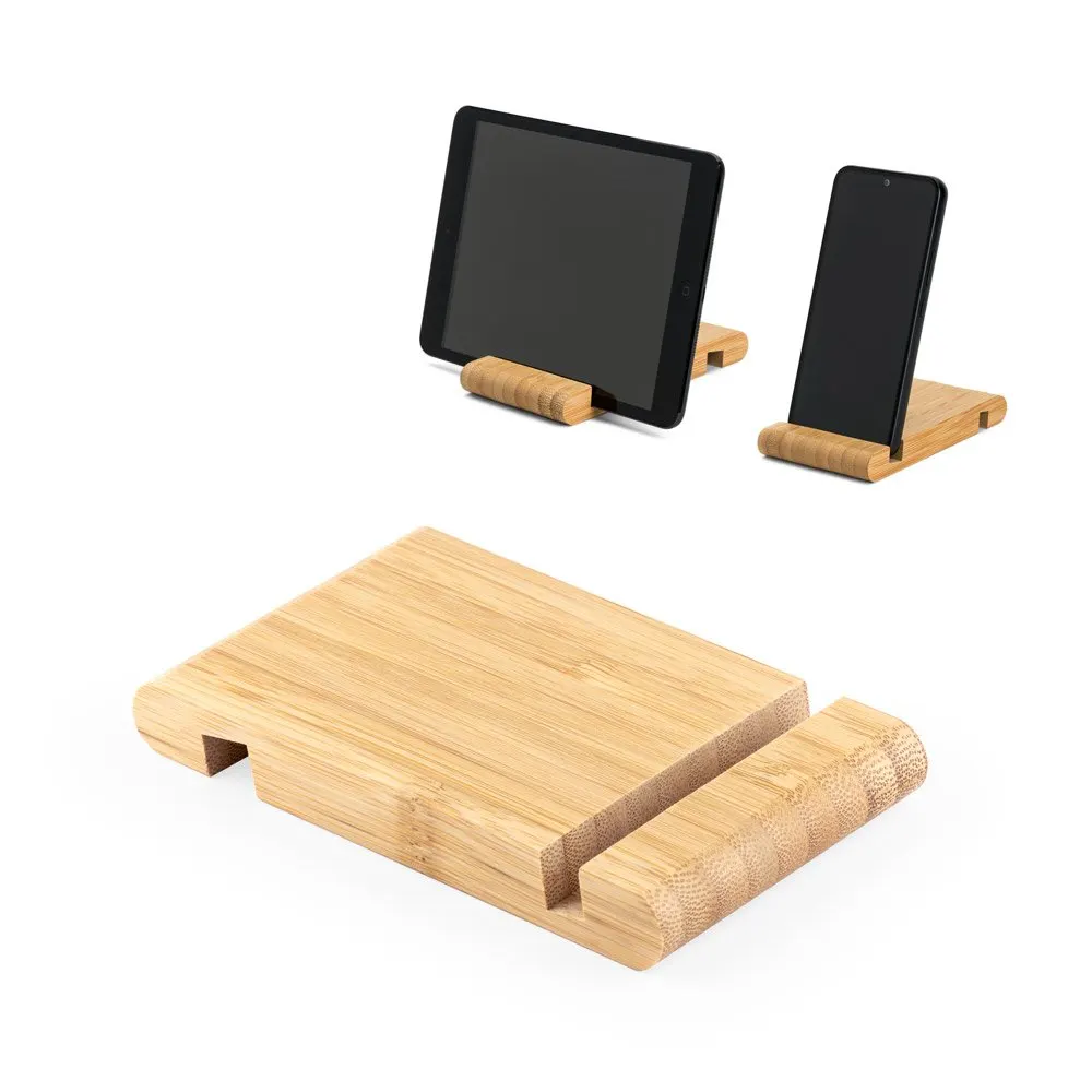 Suporte para celular em bambu com duas canaletas de tamanhos diferentes